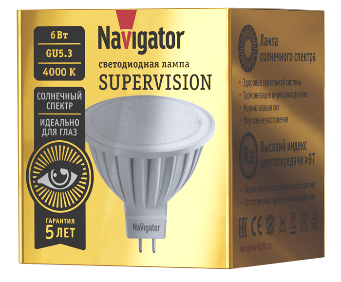 

Лампа светодиодная Navigator NLL-MR16-6-230-4K-GU5.3-FR-SV (уп/20шт), Supervision, 6Вт, 176-264В, 4000К, 480лм, GU5.3, 50х48мм, рефлектор, матовая (80, NLL-MR16-6-230-4K-GU5.3-FR-SV