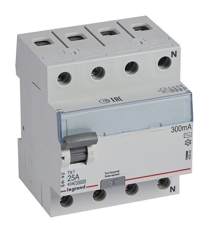 

Выключатель дифференциального тока (ВДТ, УЗО) Legrand 403042 TX³ 4П, 25 А, тип AC, 300 мА, 4 модуля, 403042