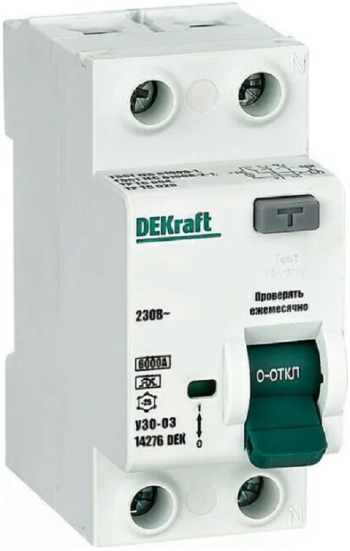 

УЗО DEKraft 14260DEK ВДТ 2P 16А 30мА тип A 6кА, 14260DEK