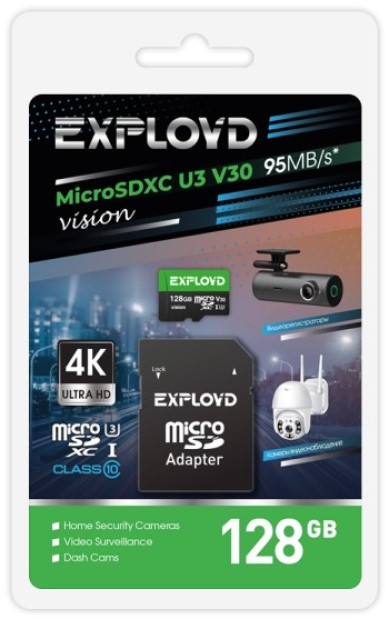 

Карта памяти MicroSDXC 128GB Exployd EX128GCSDXC10-U3-V30 Class 10 Vision UHS-I U3 V30 (95 Mb/s) + SD адаптер, EX128GCSDXC10-U3-V30