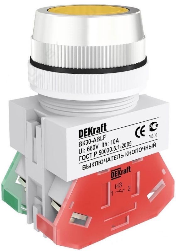 

Выключатель DEKraft 25045DEK ВK-30 кнопочный ABLF D=30мм 220В желтый, 25045DEK