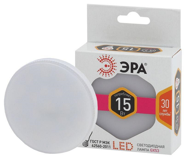 

Лампа светодиодная ЭРА Б0036551 LED GX-15W-827-GX53 (диод, таблетка, 15Вт, тепл, GX53), Б0036551