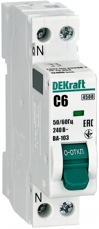

Автоматический выключатель DEKraft 12400DEK 1+N 6А х-ка C ВА-103 4,5кА, 12400DEK