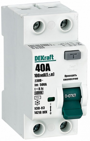 

УЗО DEKraft 14218DEK ВДТ 2P 40А 100мА тип AC 6кА, 14218DEK