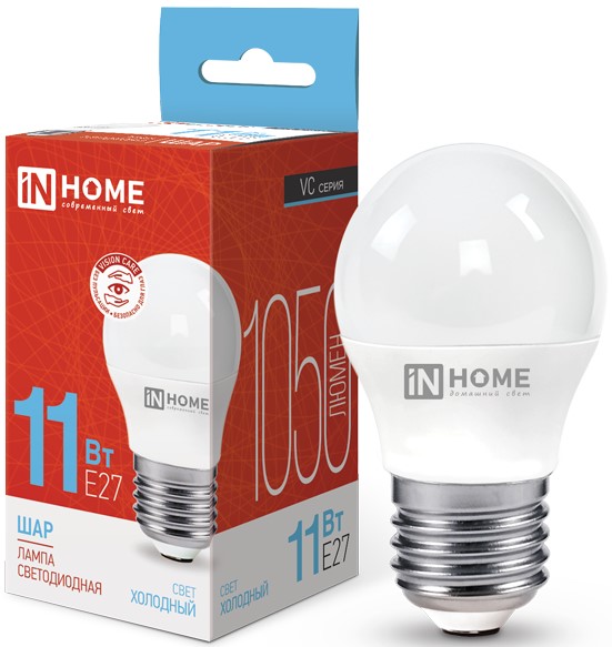 

Лампа светодиодная IN HOME 4690612024943 LED-ШАР-VC 11Вт шар 6500К холодный, белый E27 1050лм, 4690612024943