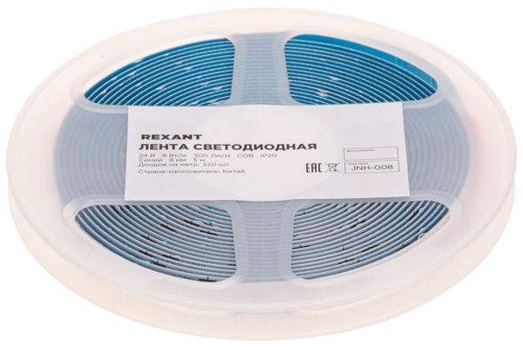 

Лента светодиодная Rexant 147-115 24В, COB 8Вт/м, 320 LED/м, синий, 8мм, 5м, IP20, 147-115