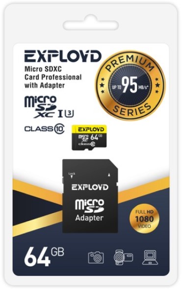 

Карта памяти MicroSDXC 64GB Exployd EX064GCSDXC10UHS-1-ElU3 Class 10 Premium UHS-I U3 (95 Mb/s) + SD адаптер, EX064GCSDXC10UHS-1-ElU3