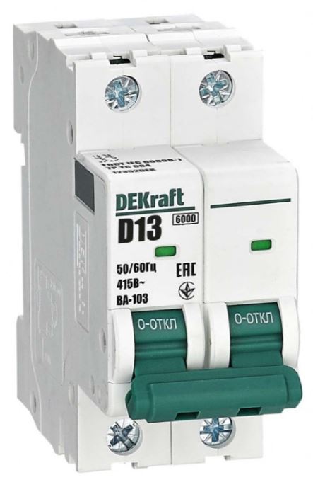 

Автоматический выключатель DEKraft 12352DEK 2Р 13А х-ка D ВА-103 6кА, 12352DEK