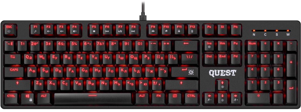 

Клавиатура Defender Quest GK-596 RU 45596 механическая, черный, 104кн, SNK красные, Quest GK-596 RU