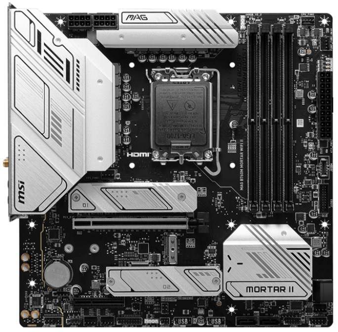 

Материнская плата mATX MSI MAG B760M MORTAR WIFI II (LGA1700, 4*DDR5 (7800), 4*SATA 6G RAID, 3*M.2, 2*PCIE, 2.5Glan, WiFi, BT, DP, HDMI, USB Type-C, 3, MAG B760M MORTAR WIFI II