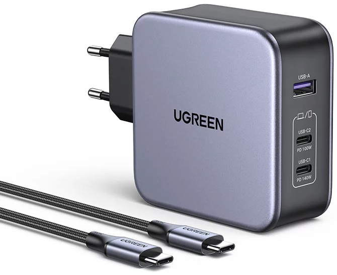 

Зарядное устройство сетевое UGREEN CD289 90549 USB Type-А/2*USB Type-С, 140W, кабель USB-C/USB-C, 2м, черное, CD289
