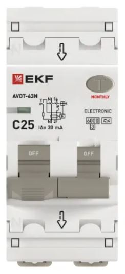 

Автомат дифференциальный EKF D63N26EA25C30 АВДТ-63N 1P+N 25А (C) 30мА (A) эл 6кА PROXIMA, D63N26EA25C30
