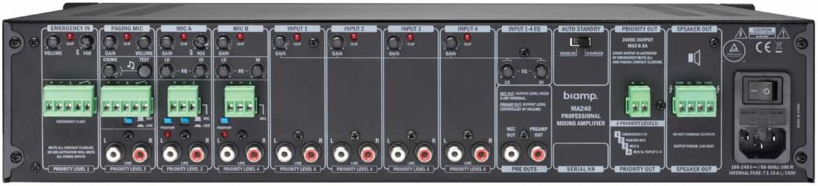 

Усилитель BIAMP MA240 912.0660.900/911.0660.900 1-канальный, микширующий: 240Вт (4Ом/100В). Вх.:3xEuroblock(3-pin); 4хRCA.1хприоритетный("сухие контак, MA240