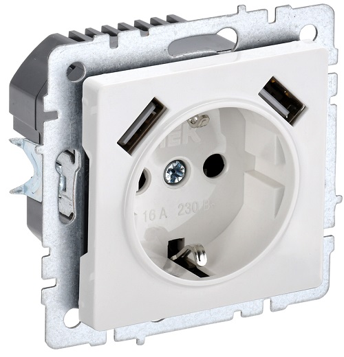 

Розетка IEK BR-R14-16-U21-D21-K01 BRITE РЮш10-1-БрБ 16А с USB A+A 2.1А с заземл. защ. шторки белая, BR-R14-16-U21-D21-K01