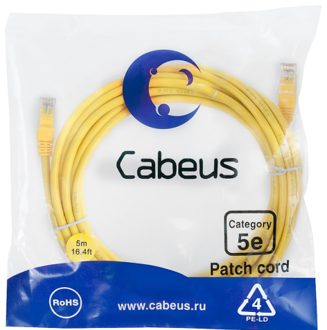 фото Кабель патч-корд U/UTP 5e кат. 5м Cabeus PC-UTP-RJ45-Cat.5e-5m-YL-LSZH в Краснодаре