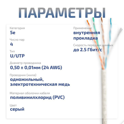 фото Кабель витая пара U/UTP 5e кат. 4 пары Cabeus UTP-4P-Cat.5e-SOLID-GY в Краснодаре