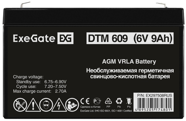 

Батарея аккумуляторная Exegate DTM 609 EX297508RUS (6V 9Ah, клеммы F2), DTM 609