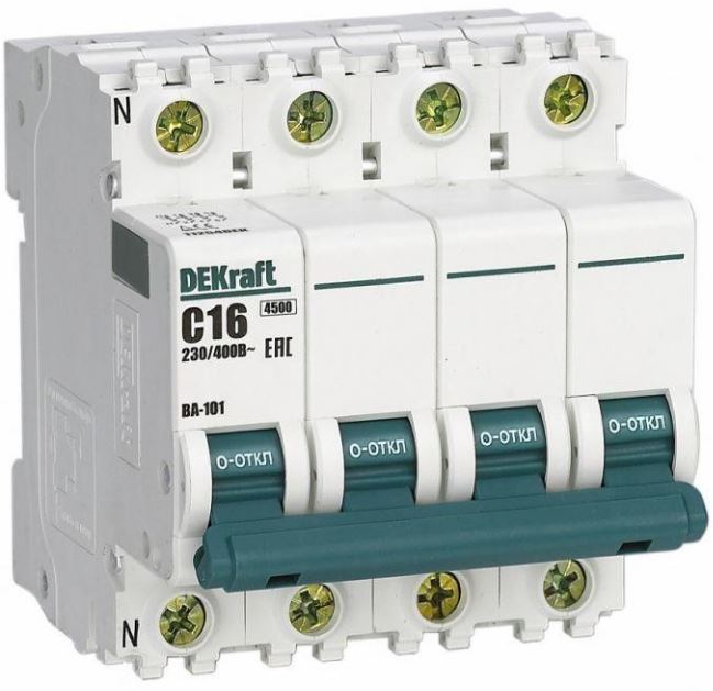 

Автоматический выключатель DEKraft 11254DEK 3P+N 16А х-ка C ВА-101 4,5кА, 11254DEK