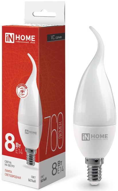 

Лампа светодиодная IN HOME 4690612030432 LED-СВЕЧА НА ВЕТРУ-VC 8Вт свеча на ветру 4000К нейтральный, белый E14 760лм 230В, 4690612030432