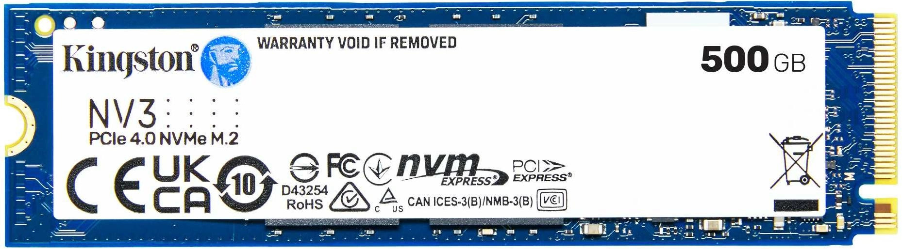 Накопитель SSD M.2 2280 Kingston SNV3S/500G NV3, 500GB, PCIe 4.0 x4, NVMe, 3D TLC, 5000/3000MB/s, TBW 160