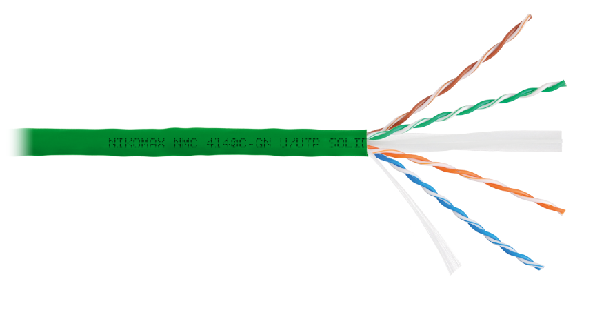 

Кабель витая пара U/UTP 6 кат. 4 пары NIKOMAX NMC 4140C-GN 23AWG(0.55 мм), медь, одножильный (solid), внутренний, полимерный материал, нг(A)-HF, зелён, NMC 4140C-GN