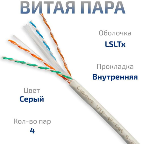 фото Кабель витая пара U/UTP 6 кат. 4 пары Cabeus UTP-4P-Cat.6-SOLID-LSLTx-GY-25 в Перми