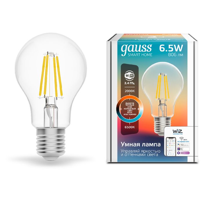 

Лампа светодиодная Gauss 1220112 филаментная Smart Home DIM+CCT E27 A60 6,5Вт 2000-6500 К 660...806 лм, 1220112