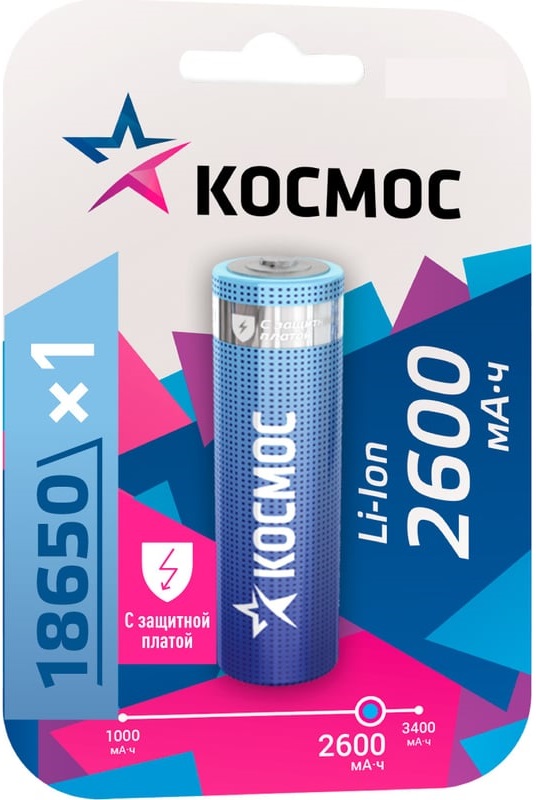

Аккумулятор Космос KOC18650Li-ion26PBL1 Li-ion, 18650, 2600 мАч, 1 шт, KOC18650Li-ion26PBL1