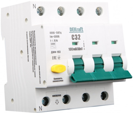 Изображение товара Автомат защиты DEKraft 16219DEK 230 В серия ДИФ-103 4 полюса