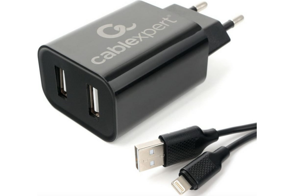 

Зарядное устройство сетевое Cablexpert MP3A-PC-36 2*USB, 2.4A, черный + кабель 1м lightning, MP3A-PC-36