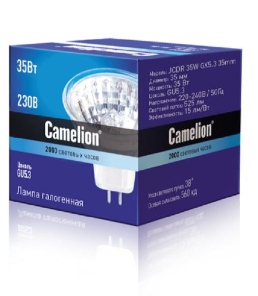 

Лампа галогенная Camelion™ JCDR 35W GX5.3 35mm 35Вт, 26°, GU5.3, 220В, 525лм, 920кд, 2000 часов работы, с дихроичным отражателем и защитным стеклом (7, JCDR 35W GX5.3 35mm
