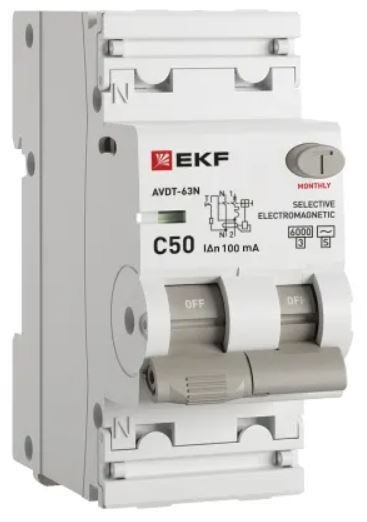 

Автомат дифференциальный EKF D63N26MS50C100 АВДТ-63N 1P+N 50А (C) 100мА (AC-S) эл-мех 6кА PROXIMA, D63N26MS50C100