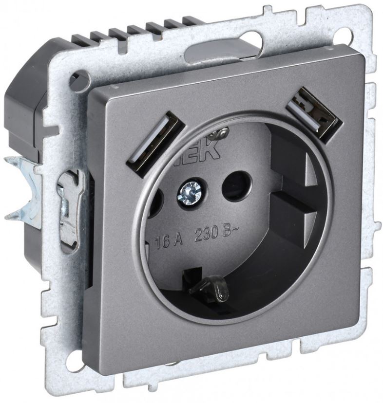 

Розетка с заземлением IEK BR-R14-16-U21-D31-K46 BRITE с защитными шторками 16А с USB A+A 3,1А РЮш10-2-БрС Сталь, BR-R14-16-U21-D31-K46