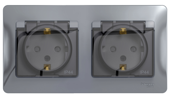 

Розетка Schneider Electric GSL000447 2-ая с/з, со шторками, в сборе, IP44 Glossa Титан, GSL000447
