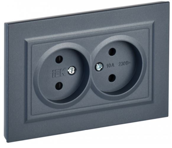 

Розетка двухместная без заземления в сборе IEK BR-R23-10-K35-F BRITE с защитными шторками 10А РСш12-2-БрМ Маренго, BR-R23-10-K35-F