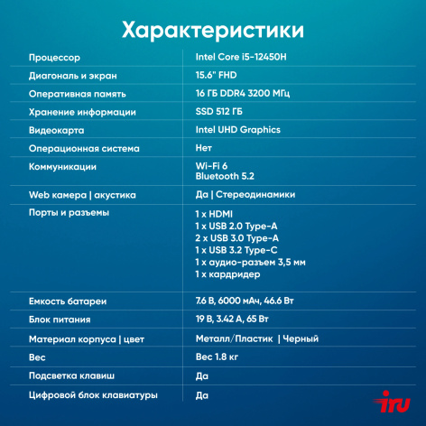 фото Ноутбук  iRu Strato 15ALI в Красноярске 15.6 ", Core i5, 16 Гб RAM, 512 Гб SSD, UHD Graphics, Черный