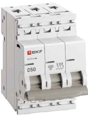 

Автоматический выключатель EKF M634350D 3P 50А (D) 4,5kA ВА 47-63N PROxima, M634350D