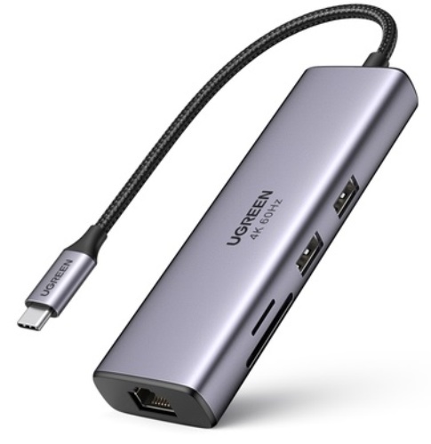 

Адаптер UGREEN 60515 USB-C/2*USB 3.0, HDMI, RJ-45, SD/TF, USB-C PD 100W, серый космос, 60515