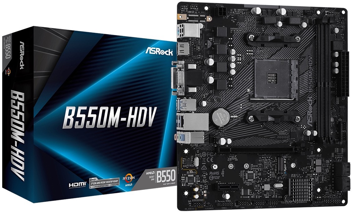 

Материнская плата mATX ASRock B550M-HDV (AM4, AMD B550, 2*DDR4(4733+), 4*SATA 6G RAID, M.2, 2*PCIE, 7.1CH, Glan, 6*USB 3.2, D-SUB/DVI-D/HDMI) RTL, B550M-HDV