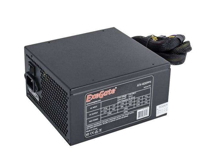 

Блок питания ATX Exegate 600PPX EX221642RUS-S 600W RTL, SC, black, APFC, 14cm, 24p+(4+4)p, PCI-E, 5SATA, 3IDE, FDD + кабель 220V с защитой от выдергив, 600PPX