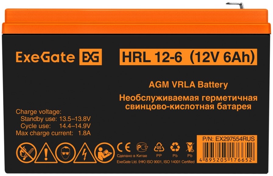 

Батарея Exegate HRL 12-6 EX297554RUS (12V 6Ah 1224W, клеммы F2), HRL 12-6