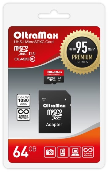 

Карта памяти MicroSDXC 64GB OltraMax OM064GCSDXC10UHS-1-PrU3 Class 10 Premium UHS-I U3 (95 Mb/s) + SD адаптер, OM064GCSDXC10UHS-1-PrU3