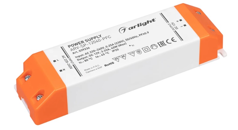 

Блок питания Arlight ARV-SP-12040-PFC 039236 (12V, 3.33A, 40W) IP20 пластик, ARV-SP-12040-PFC