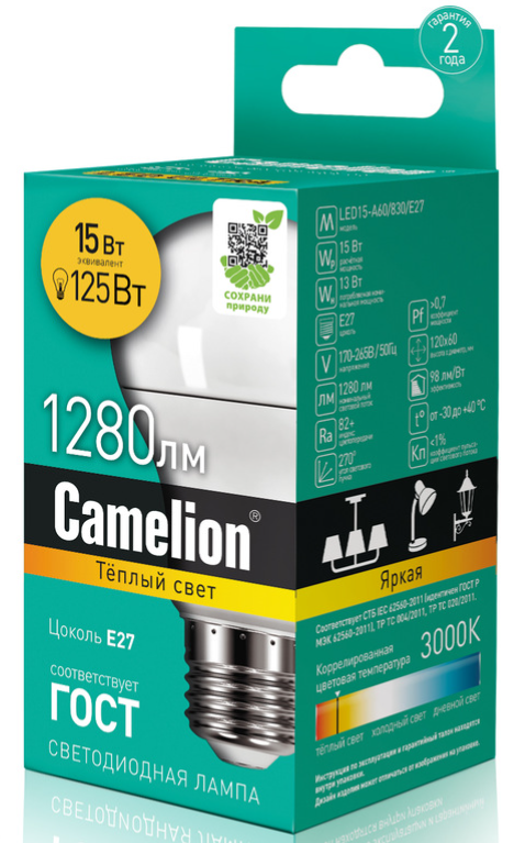 

Лампа светодиодная Camelion™ LED15-A60/830/E27 15Вт/125Вт, E27, 170-265В, 3000К, 1280лм, ЛОН (12185), LED15-A60/830/E27