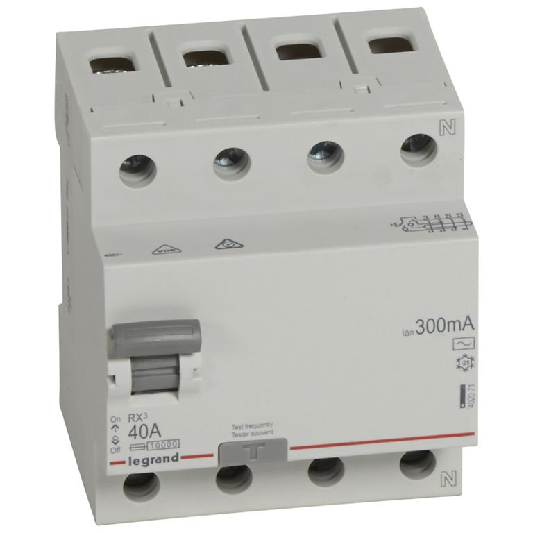 

Выключатель дифференциального тока (ВДТ, УЗО) Legrand 402071 RX³ - 4П, нейтраль справа, 400 В~, 40 А, тип AC, 300 мА, 4 модуля, 402071