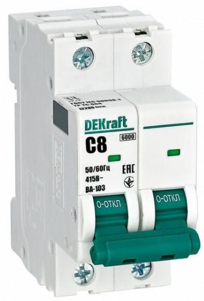 

Автоматический выключатель DEKraft 12286DEK 2Р 8А х-ка C ВА-103 6кА, 12286DEK