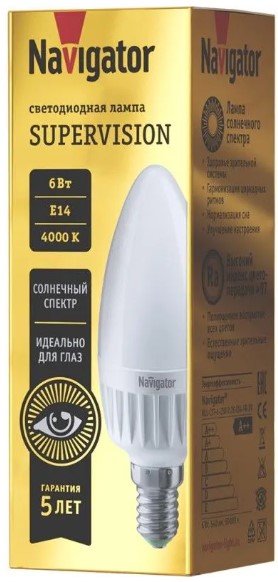 

Лампа светодиодная Navigator NLL-C37-6-230-4K-E14-FR-SV Supervision, 6Вт, 176-264В, 4000К, 600лм, E14, 37х105мм, свеча, матовая (80546), NLL-C37-6-230-4K-E14-FR-SV