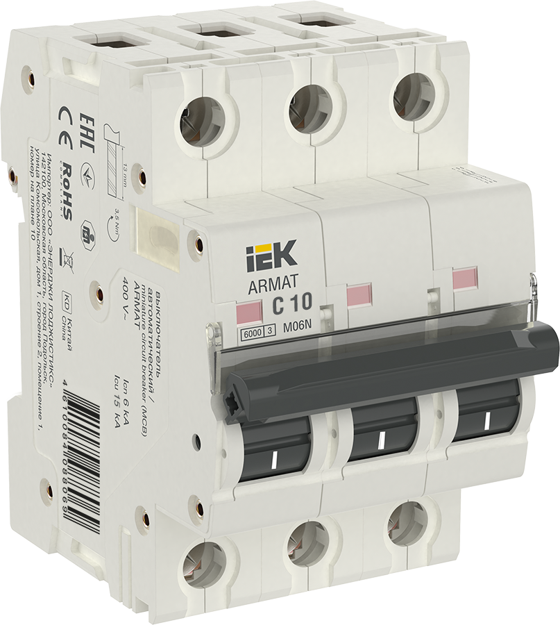 

Автоматический выключатель IEK AR-M06N-3-C010 ARMAT M06N 3P C 10А, AR-M06N-3-C010