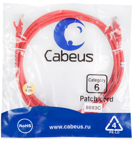 фото Кабель патч-корд U/UTP 6 кат. 2м Cabeus PC-UTP-RJ45-Cat.6-2m-RD в Санкт-Петербургe