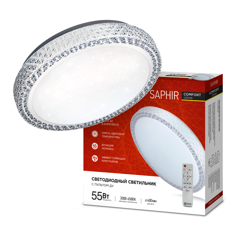 

Светильник светодиодный IN HOME 4690612034850 COMFORT SAPHIR 55Вт 230В 3000-6500К 4400лм 400х100мм с пультом ДУ, 4690612034850